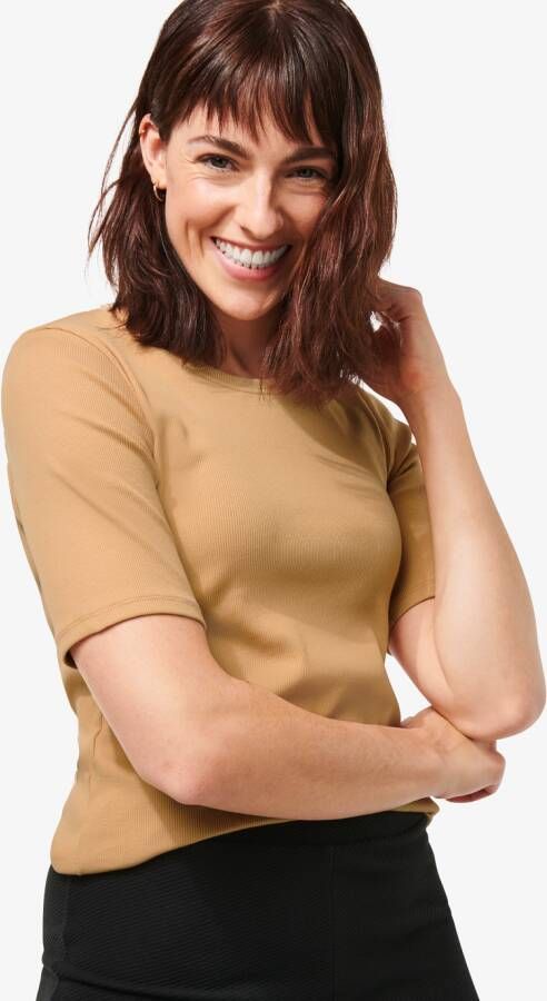 HEMA Dames T-shirt Clara Rib Beige (beige)