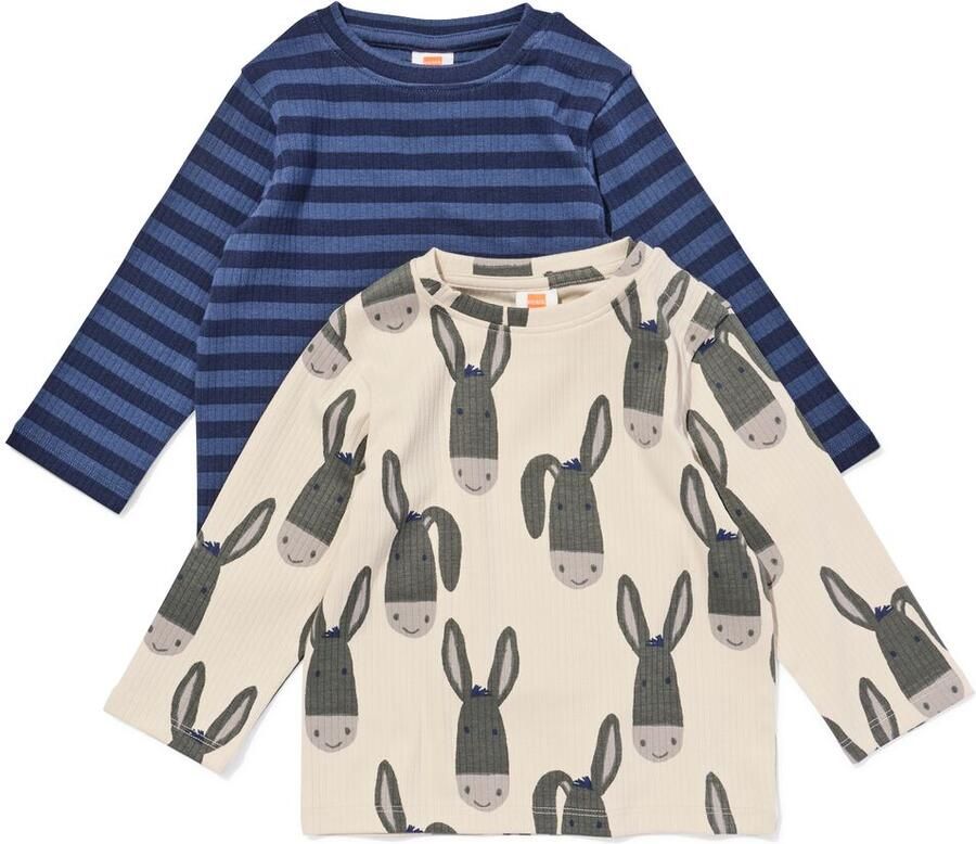HEMA Baby T-shirt Rib Strepen Ezels 2 Stuks Blauw (blauw)