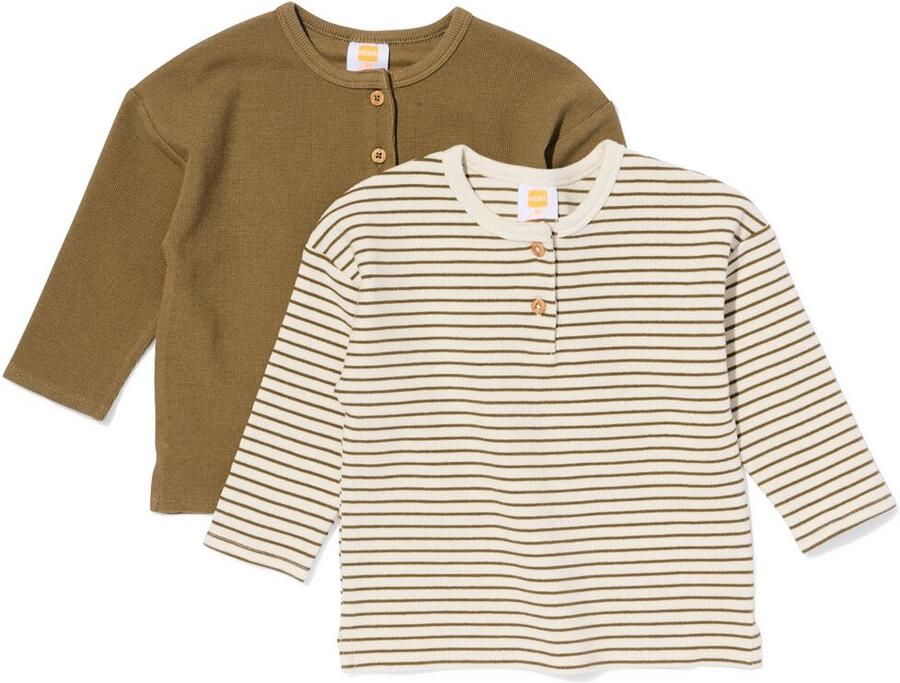HEMA Baby T-shirts Wafel Strepen 2 Stuks Olijf (olijf)