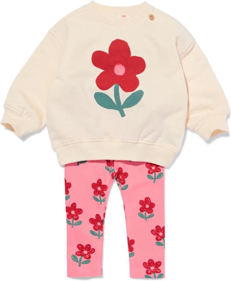 HEMA Babykledingset Comfy Fit Rib Sweatstof Bloemen Roze (roze)