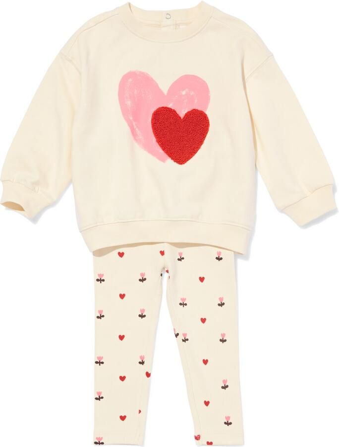 HEMA Babykledingset Comfy Fit Sweatstof Rib Hartjes Ecru