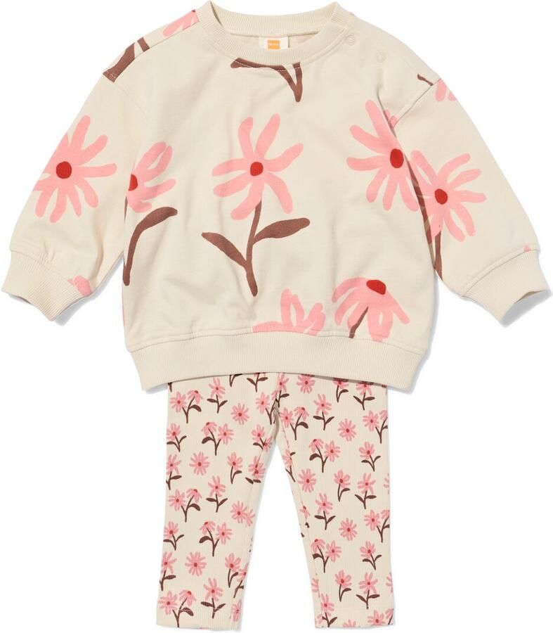 HEMA Babykledingset Sweatstof Rib Bloemen Ecru (ecru)