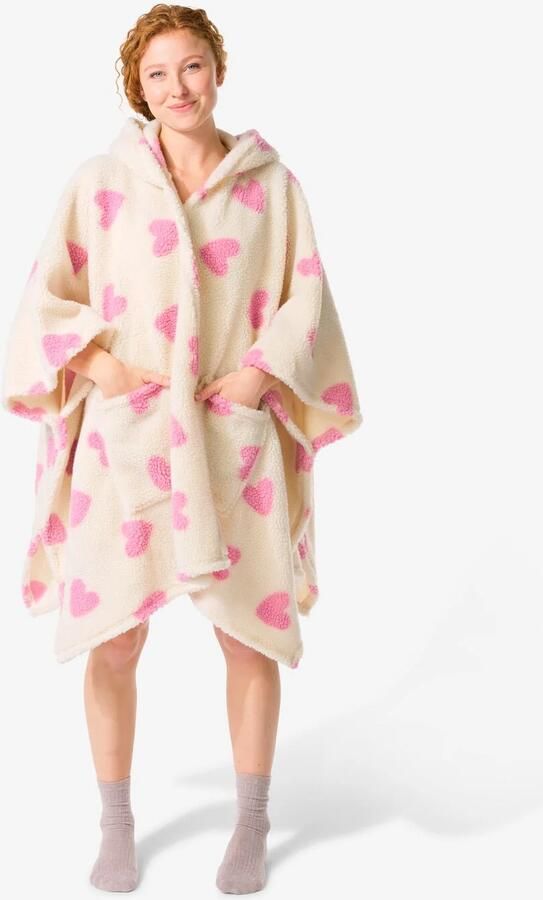 HEMA Dames Bankponcho One Size Fleece Met Capuchon En Zakken Hartjes - Foto 2