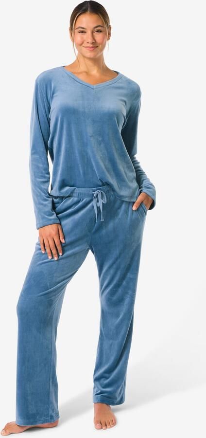 HEMA Dames Loungebroek Velours Middenblauw (middenblauw)