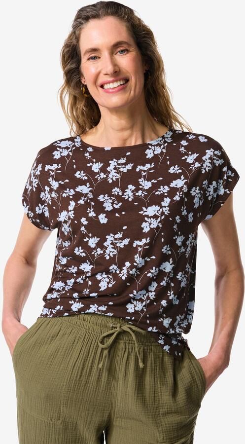 HEMA Dames T-shirt Amelie Jersey Bloemen Donkerbruin (donkerbruin) - Foto 2