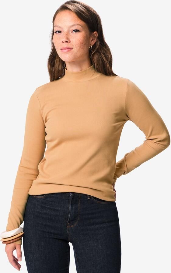 HEMA Dames T-shirt Clara Regular Fit Rib Beige