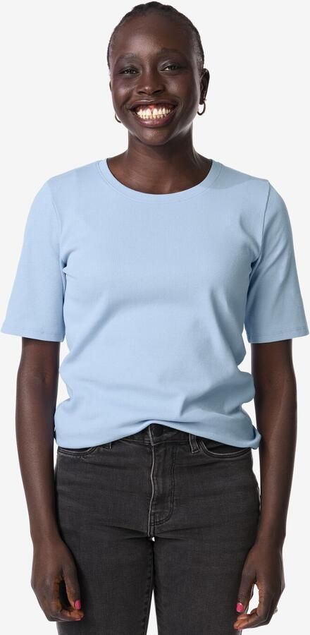HEMA Dames T-shirt Clara Regular Fit Rib Blauw (blauw)