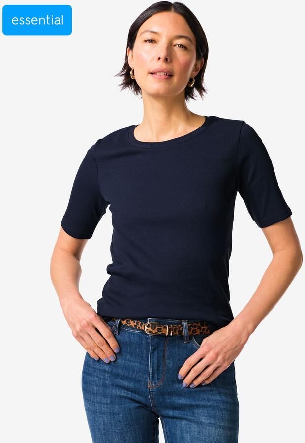 HEMA Dames T-shirt Clara Regular Fit Rib Donkerblauw (donkerblauw) - Foto 2