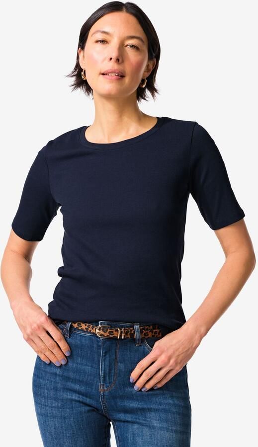 HEMA Dames T-shirt Clara Regular Fit Rib Donkerblauw (donkerblauw)