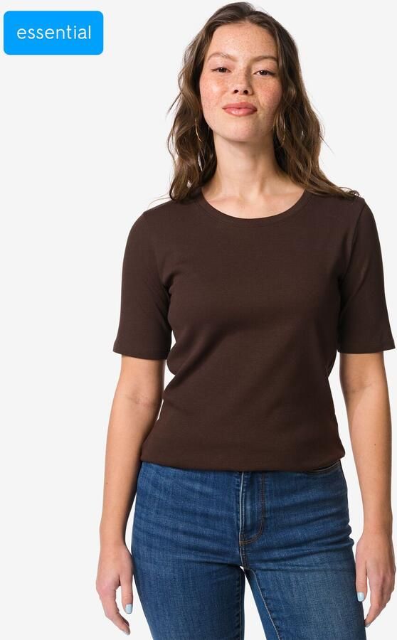 HEMA Dames T-shirt Clara Regular Fit Rib Donkerbruin (donkerbruin) - Foto 2