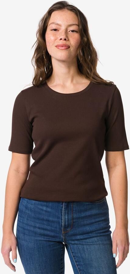 HEMA Dames T-shirt Clara Regular Fit Rib Donkerbruin (donkerbruin)