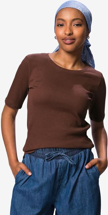 HEMA Dames T-shirt Clara Rib Bruin (bruin)