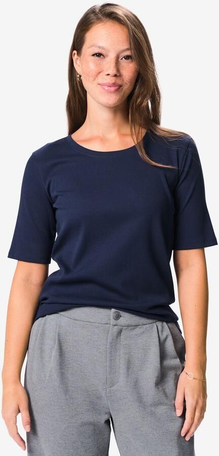 HEMA Dames T-shirt Clara Rib Katoen Donkerblauw