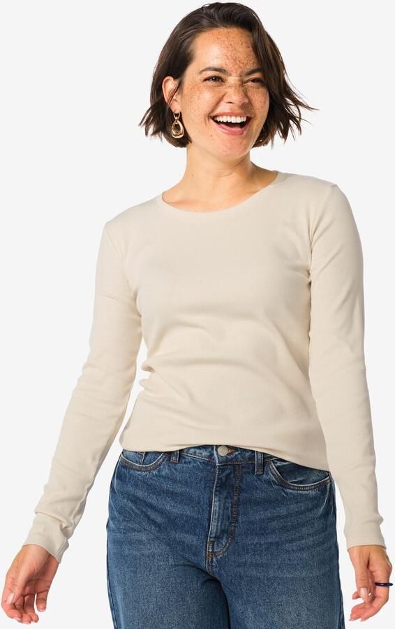 HEMA Dames T-shirt Clara Rib Gebroken Wit (gebroken wit)