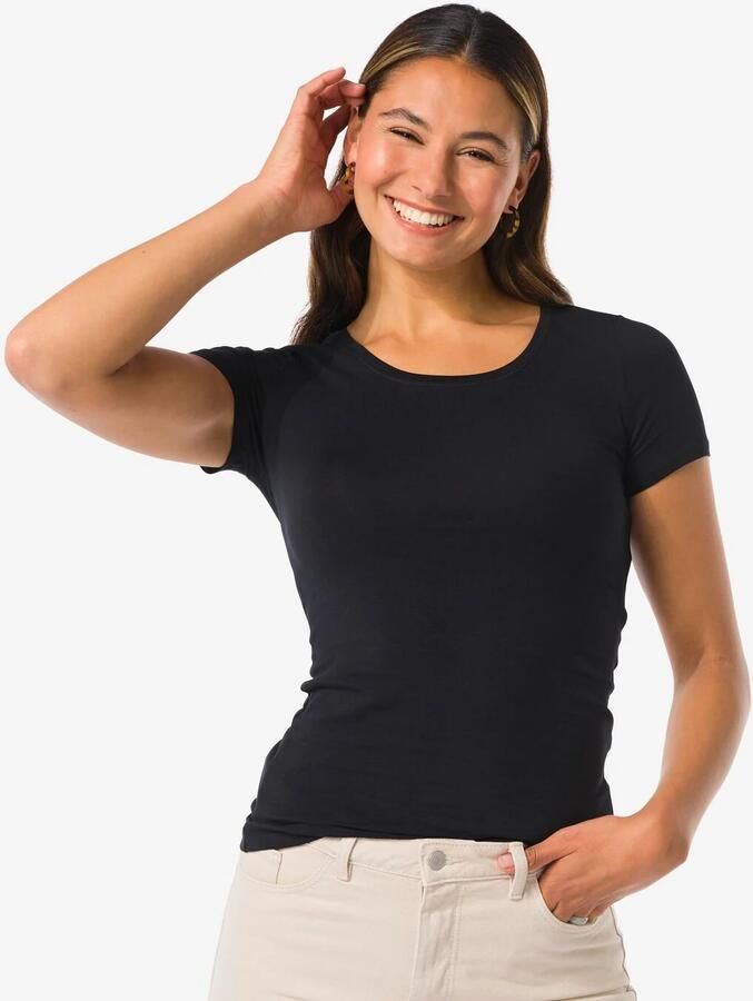 HEMA Dames T-shirt Slim Fit O-hals Zwart (zwart)