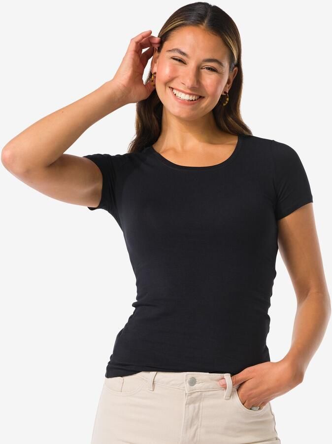HEMA Dames T-shirt Slim Fit O-hals Zwart (zwart)