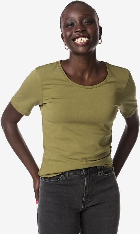 HEMA Dames T-shirt Slim Fit O-neck Olijf (olijf)