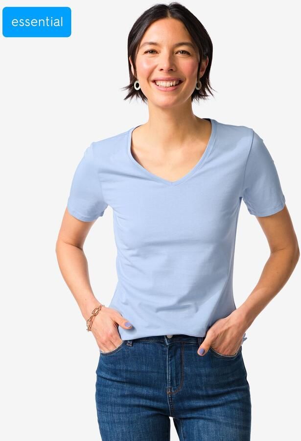HEMA Dames T-shirt Slim Fit V-hals Lichtblauw (lichtblauw)