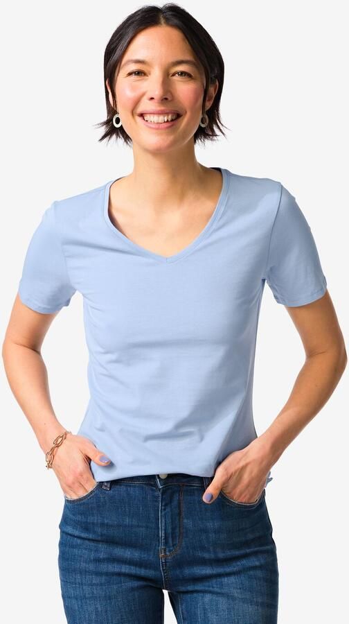 HEMA Dames T-shirt Slim Fit V-hals Lichtblauw (lichtblauw)