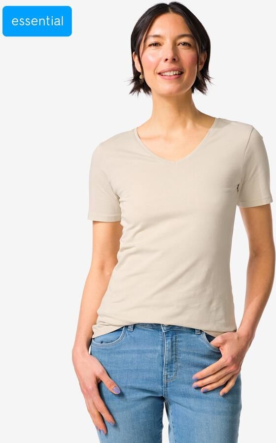 HEMA Dames T-shirt Slim Fit V-hals Zand (zand)