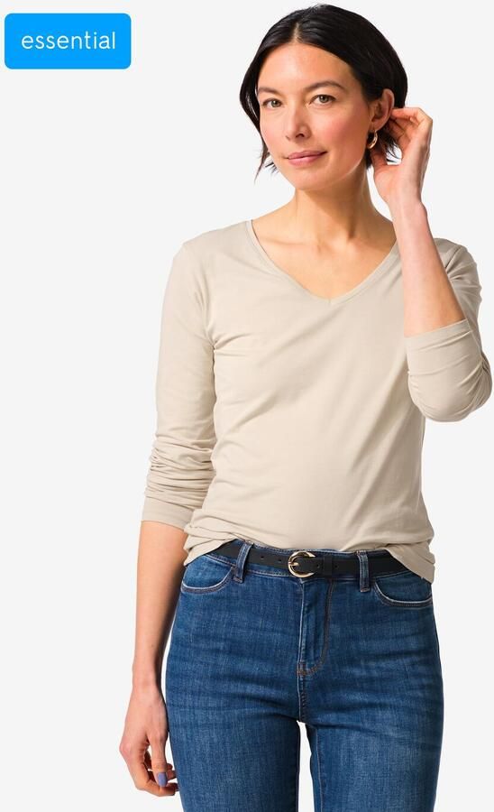 HEMA Dames T-shirt Slim Fit V-hals Zand (zand) - Foto 2