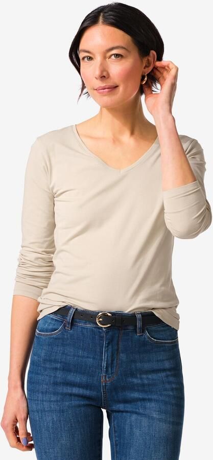 HEMA Dames T-shirt Slim Fit V-hals Zand (zand)