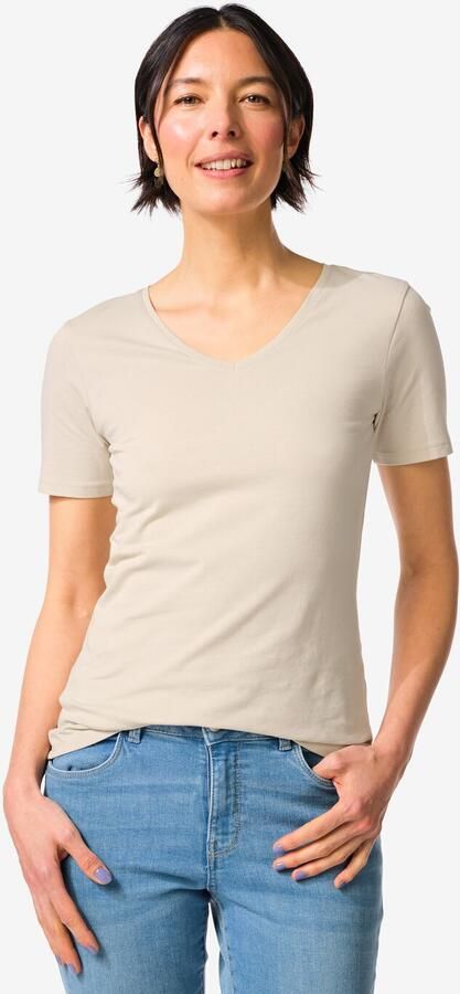 HEMA Dames T-shirt Slim Fit V-hals Zand (zand)
