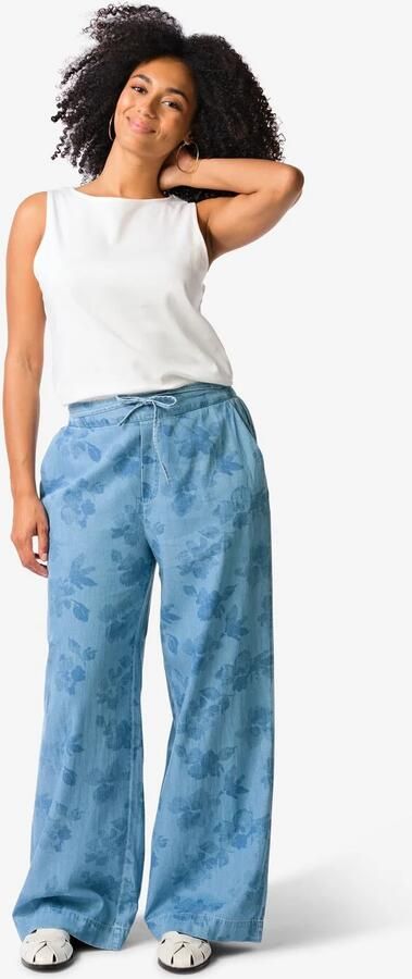 HEMA Damesbroek Lila Wijd Bloemen Denim (denim)