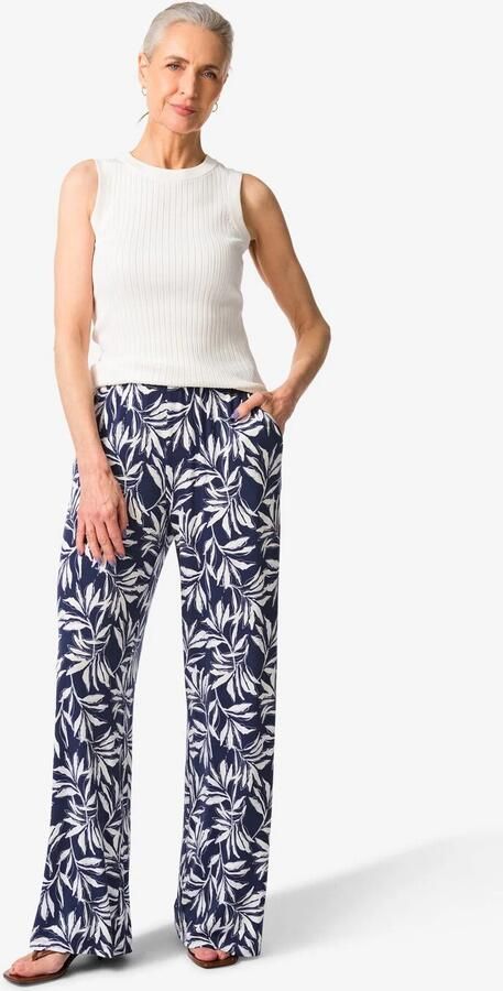 HEMA Damesbroek Mila Wide Fit Jersey Bladeren Donkerblauw (donkerblauw)