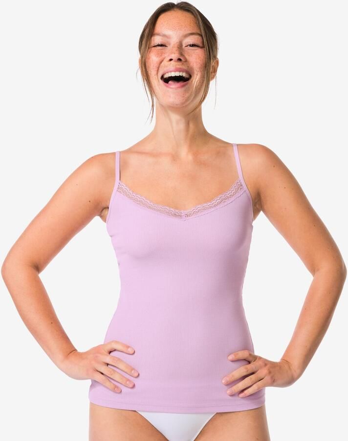 HEMA Dameshemd Katoen Rib Spaghettibandjes Met Kant Roze (roze)