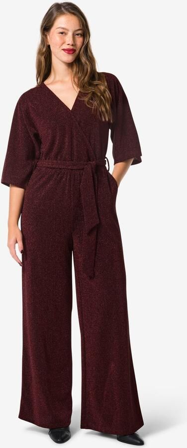 HEMA Damesjumpsuit Esther Met Overslag Glitter Bordeauxrood (bordeauxrood) - Foto 2