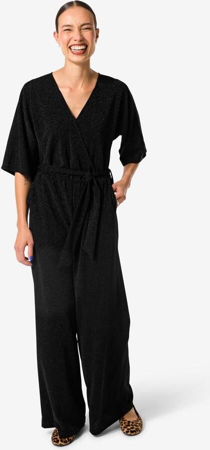 HEMA Damesjumpsuit Esther Met Overslag Glitter Zwart (zwart)
