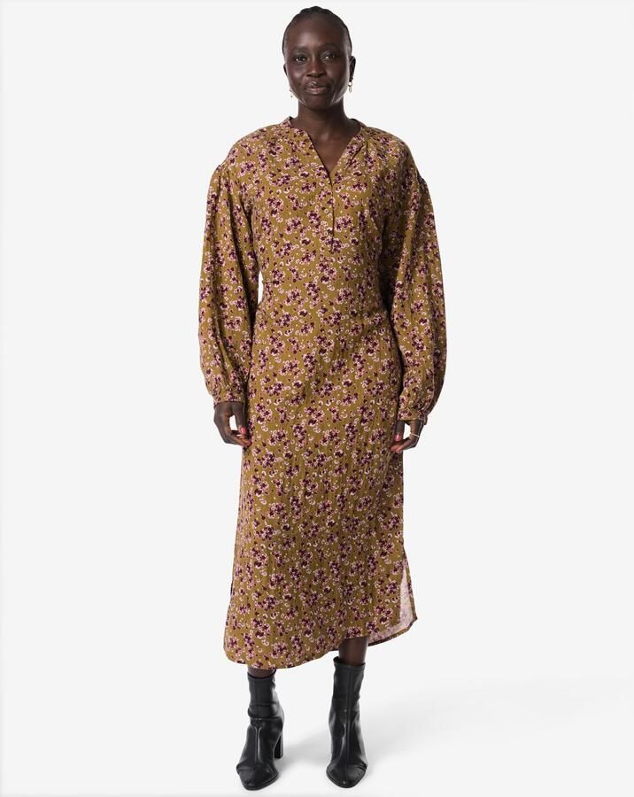 HEMA Damesjurk Inez Bloemen Khaki (khaki) - Foto 2