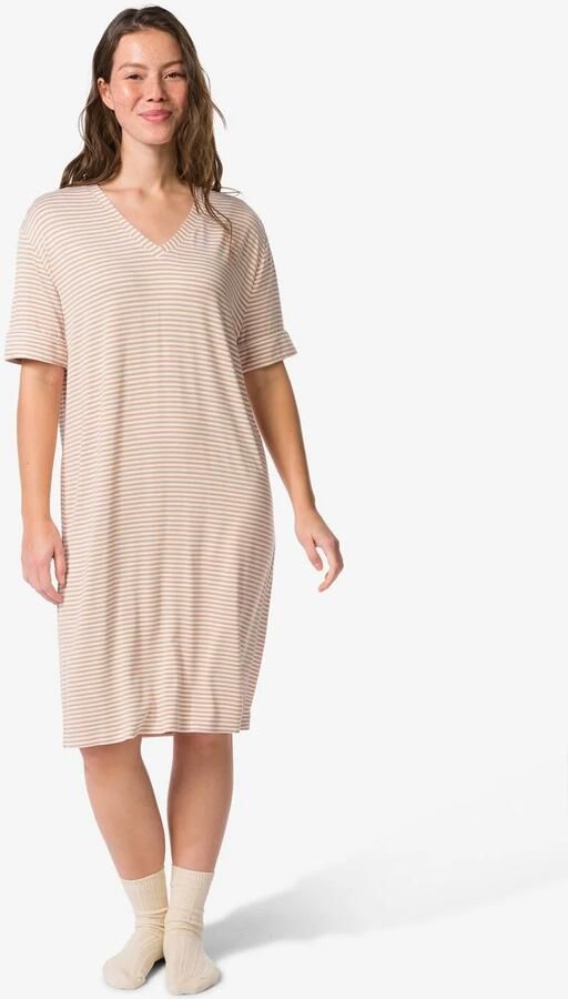HEMA Damesnachthemd Jersey Strepen Beige (beige)