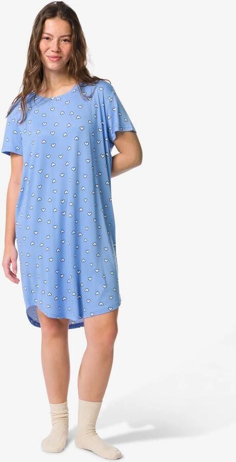 HEMA Damesnachthemd Micro Hartjes Blauw (blauw)