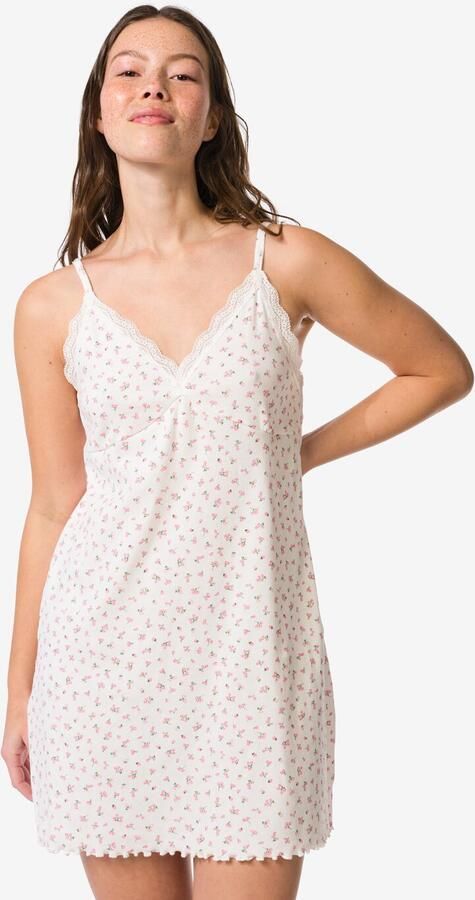 HEMA Damesnachthemd Rib Bloemen Naturel (naturel)