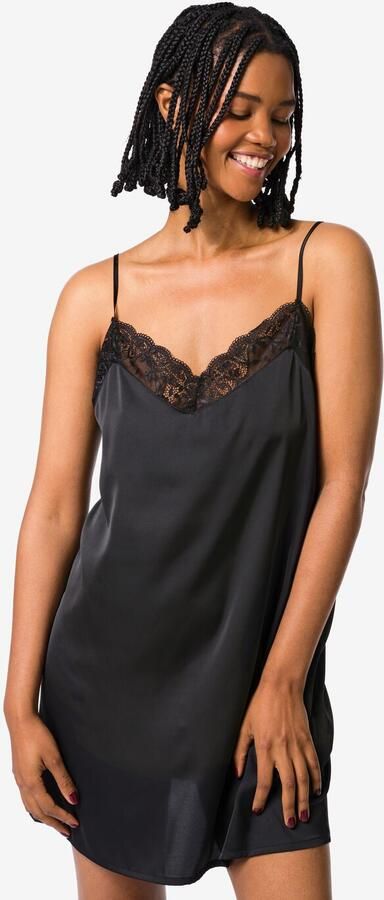 HEMA Damesnachthemd Satijn Met Kant Zwart (zwart) - Foto 2