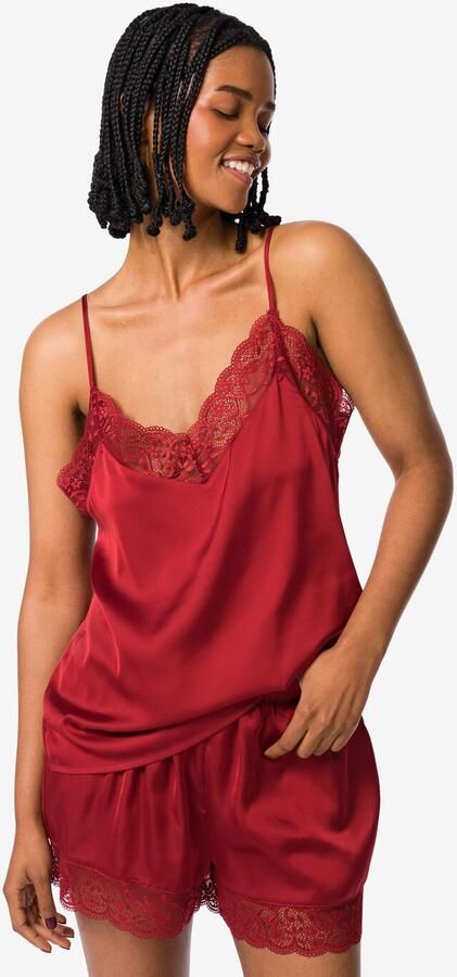 HEMA Damespyjama Satijn Met Kant Rood (rood) - Foto 2