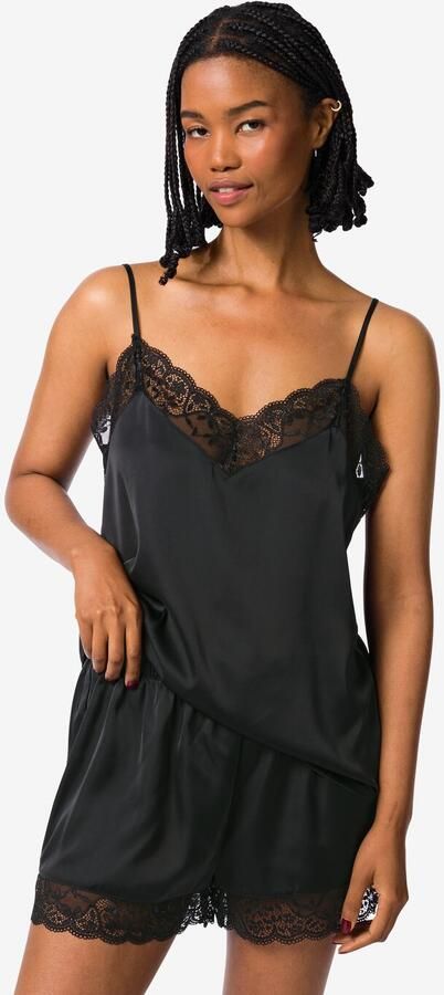 HEMA Damespyjama Satijn Met Kant Zwart (zwart) - Foto 2