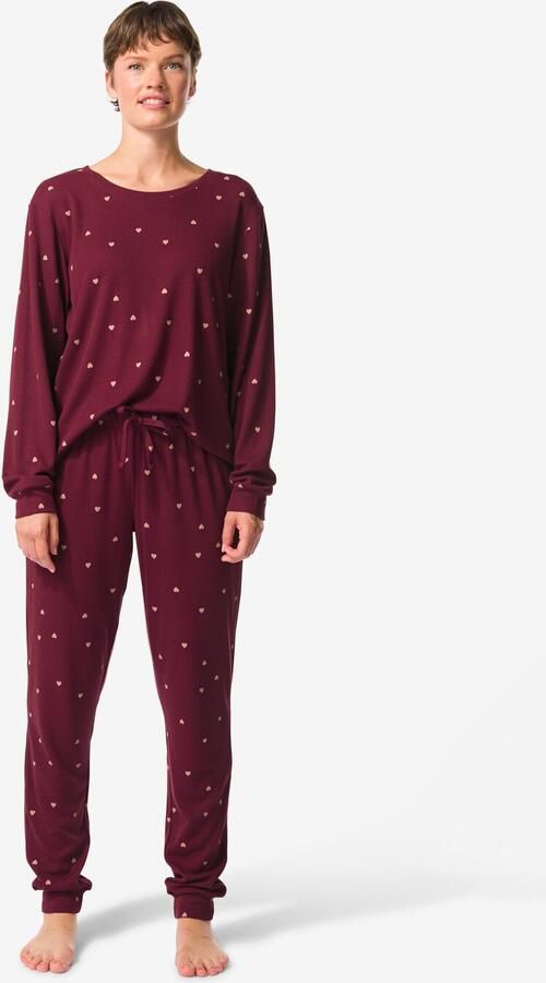 HEMA Damespyjama Viscose Wafel Hartjes Bordeauxrood (bordeauxrood) - Foto 2