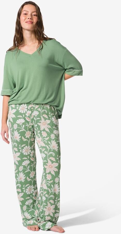 HEMA Damespyjamabroek Straight Fit Bloemen Groen (groen)