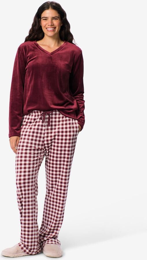 HEMA Damespyjamabroek Velours Ruiten Donkerrood