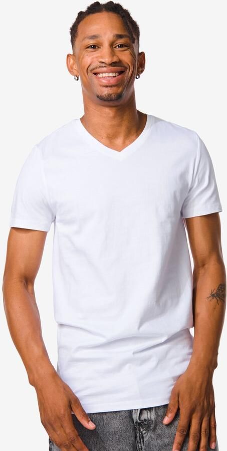 HEMA Heren T-shirt Regular Fit V-hals Extra Lang 2 Stuks Wit (wit)