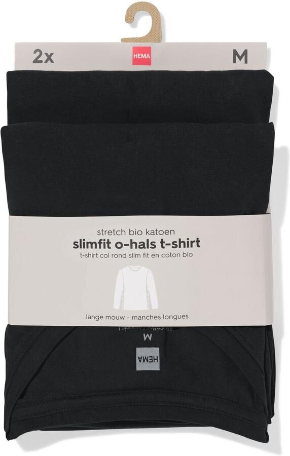 HEMA Heren T-shirts Lange Mouw Slimfit O-hals 2 Stuks Zwart (zwart)