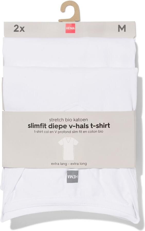 HEMA Heren T-shirts Slimfit Diepe V-hals Extra Lang 2 Stuks Wit (wit)
