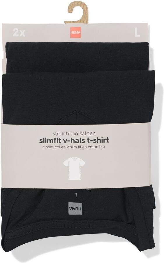 HEMA Heren T-shirts Slimfit V-hals 2 Stuks Zwart (zwart)