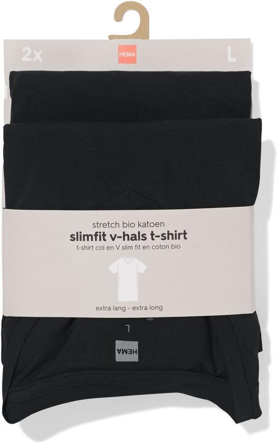 HEMA Heren T-shirts Slimfit V-hals Extra Lang 2 Stuks Zwart (zwart) - Foto 2