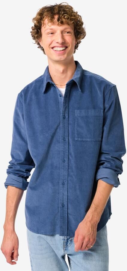 HEMA Herenoverhemd Amir Corduroy Middenblauw (middenblauw)