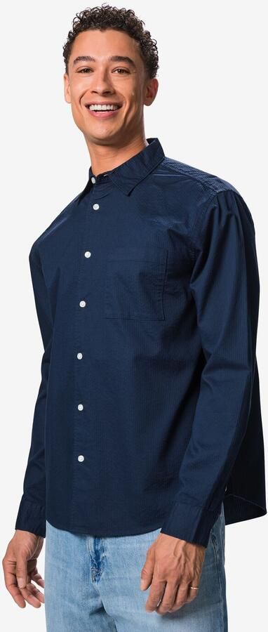 HEMA Herenoverhemd Maurice Seersucker Donkerblauw (donkerblauw)