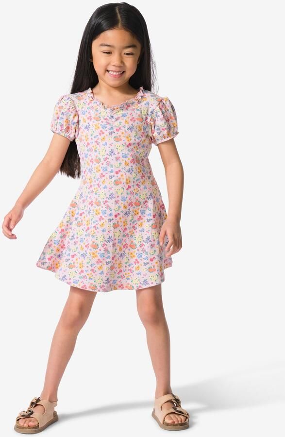 HEMA Kinderjurk A-lijn Rib Bloemen Lichtpaars (lichtpaars)